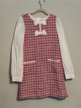 Janie and Jack Pink Tweed Dress with White Lining and Bows Sz 10